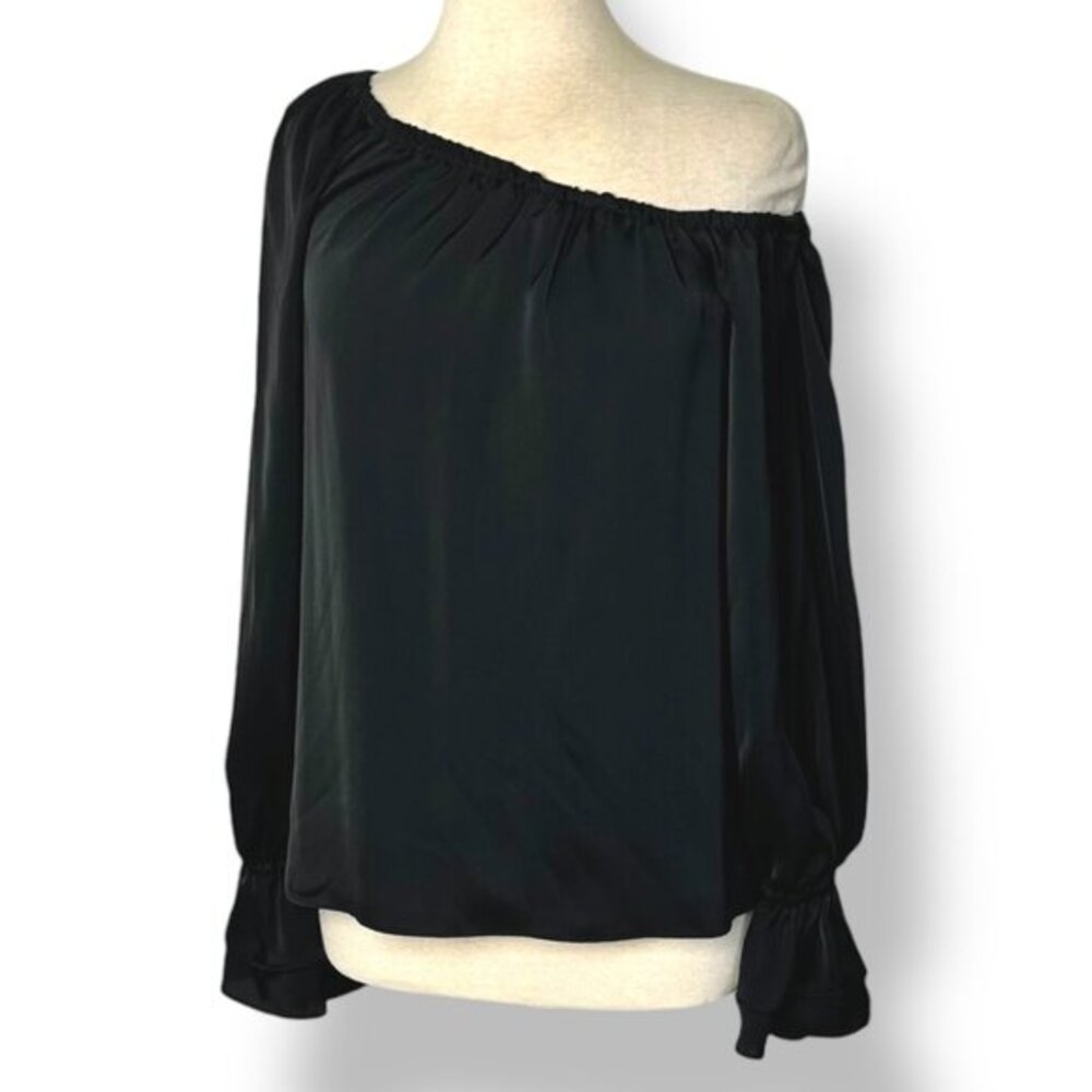 Ramy Brook Off One Shoulder Murphy Top Blouse Satin Ruffle Cuff Black Sz S/P